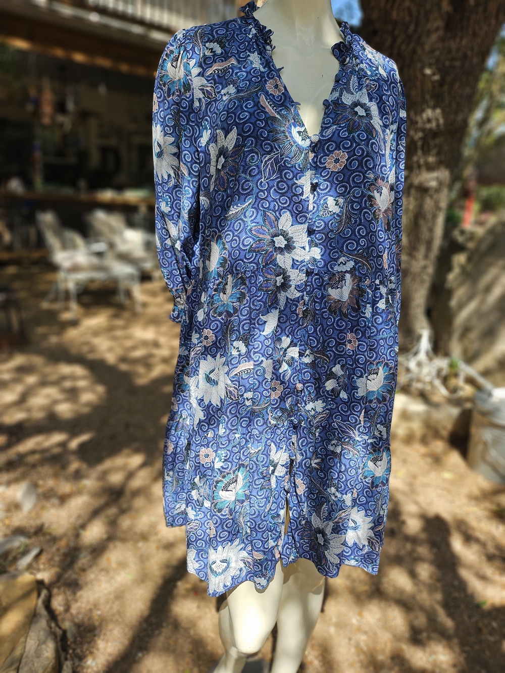 LOFT Blue Viscose Floral Long-Sleeve Women's Button Front Dress L